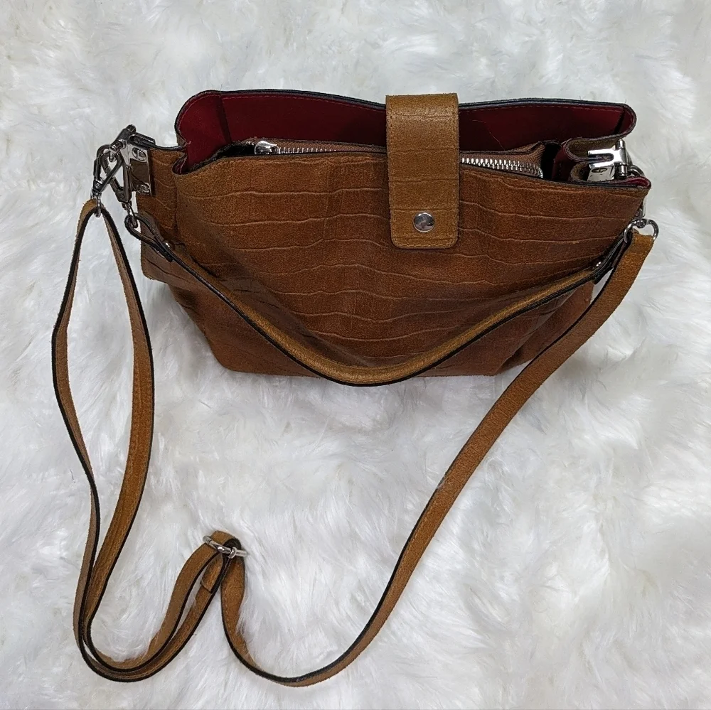 Chiara Ferretti Italian Leather Croc Embossed Cognac Brown Convertible‎ Bag